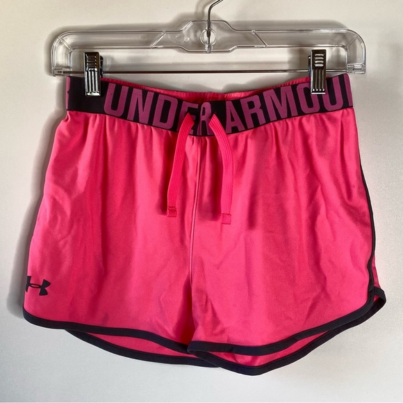 Under Armour Girls Running Shorts Youth L Pink Black Folderover Waist Loose Fit - Picture 3 of 13